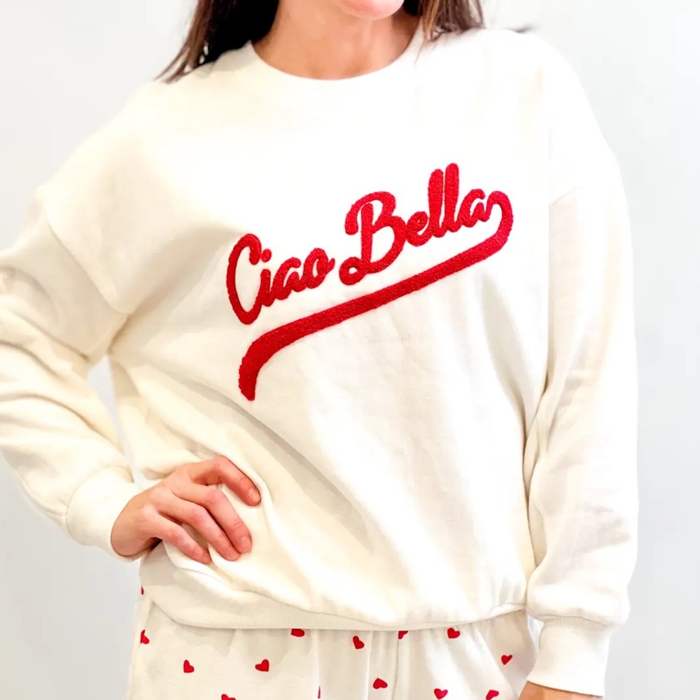 Sz S Z Supply Ciao Bella oversized sweatshirt crew neck white varsity style red